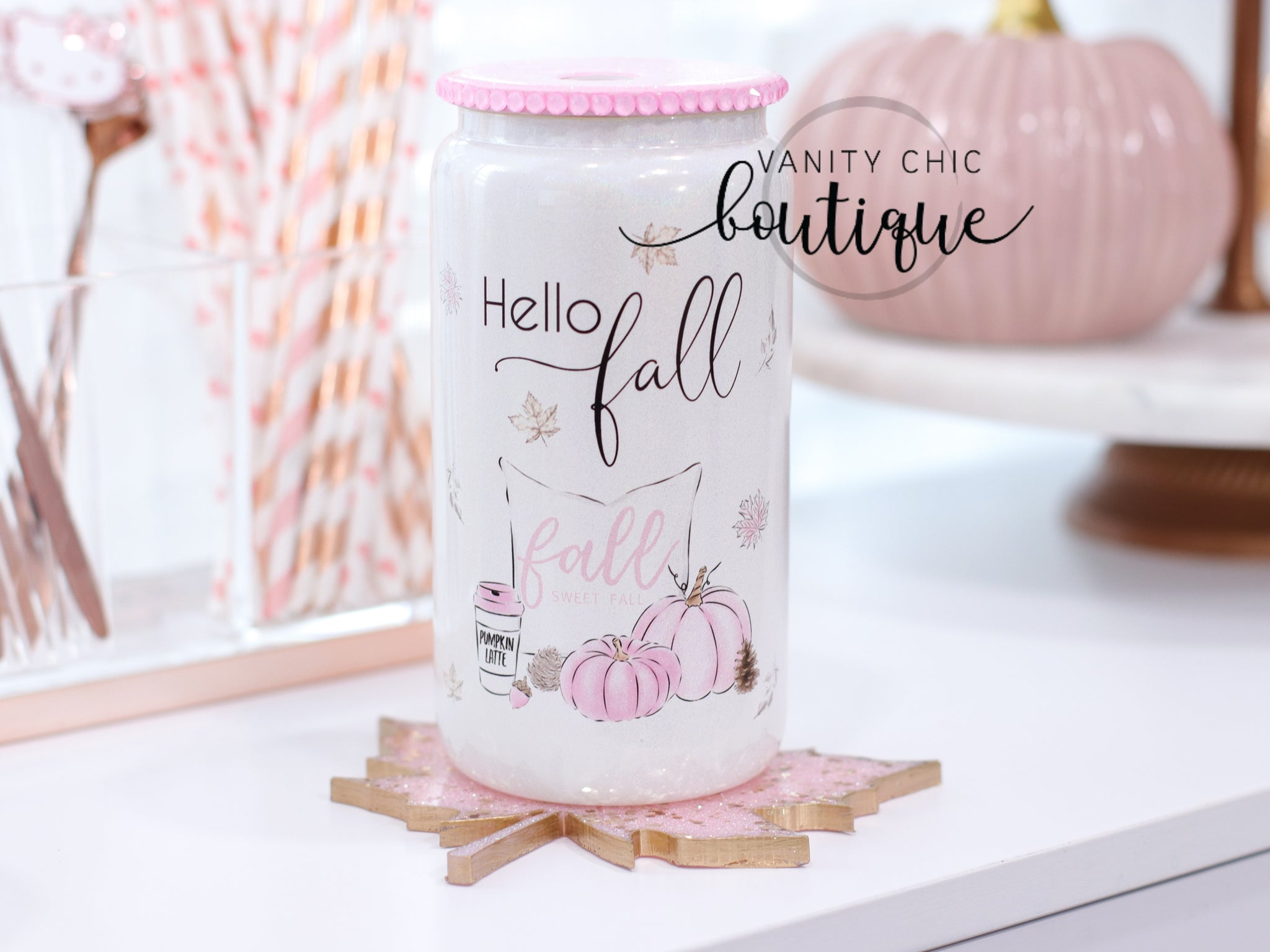 Pink Hello Fall Glass Can